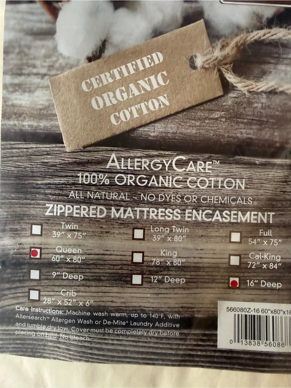 ALLERGY CARE 100% ORGANIC COTTON ZIPPERED MATTRESS ENCASEMENT QUEEN